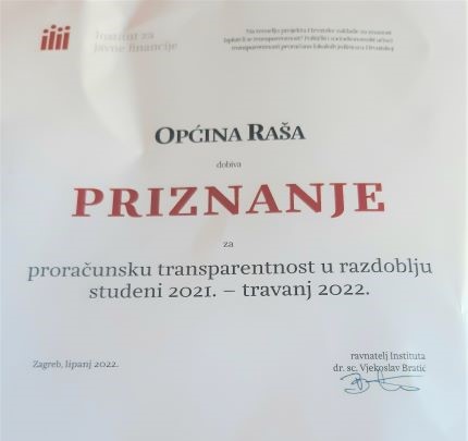 Općini Raša ponovno petica za transparentnost proračuna