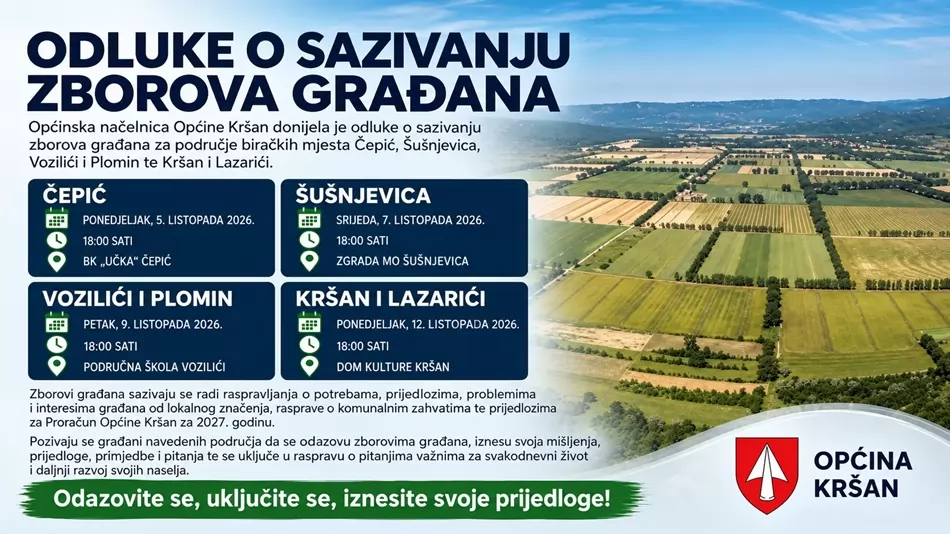 U ponedjeljak prvi zbor građana u Općini Kršan